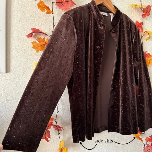 Draper’s & Damon's Vintage Brown Velvet Floral Glitter Button Down Shirt Size S - Picture 6 of 11